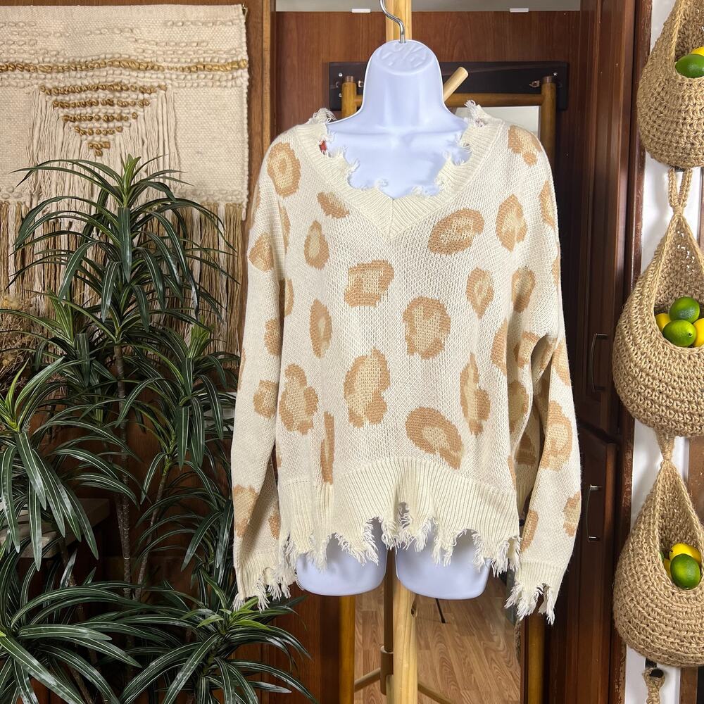 Leopard Knit Sweater Oversized S/M | Cream Beige Distressed Hem La Miel Pullover